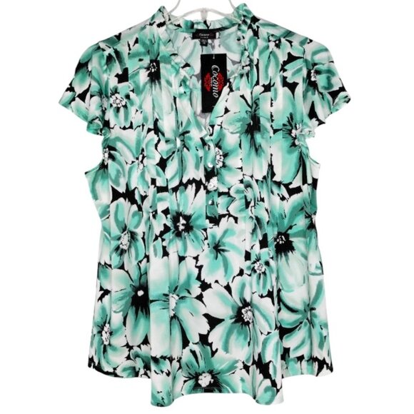 Cocomo Plus Size 1X Black & Mint Floral Print Pintuck Short Flutter Sleeve Top - Picture 1 of 6